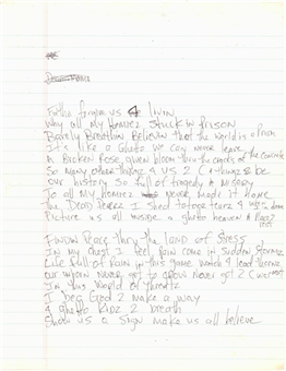 Tupac Shakur " I Aint Mad At Ya" Hand Written Song Lyrics (JSA)